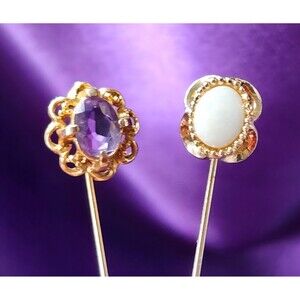 Vtg Amethyst Purple Oval Crystal & Ornate Bezel Opal Cabochon Gold Tone Pin